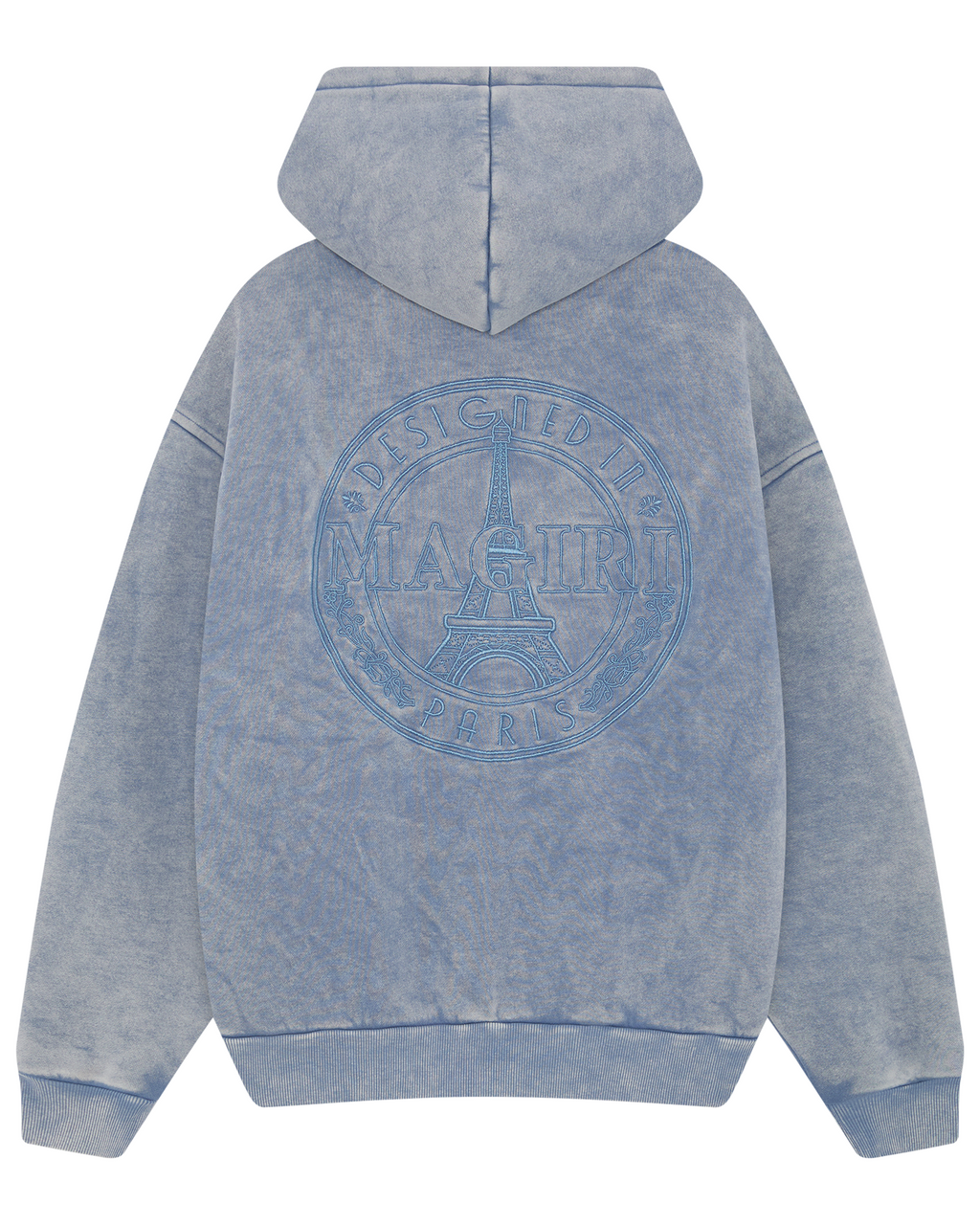 Magiri Embroidered Acid Wash Hoodie in Washed Blue