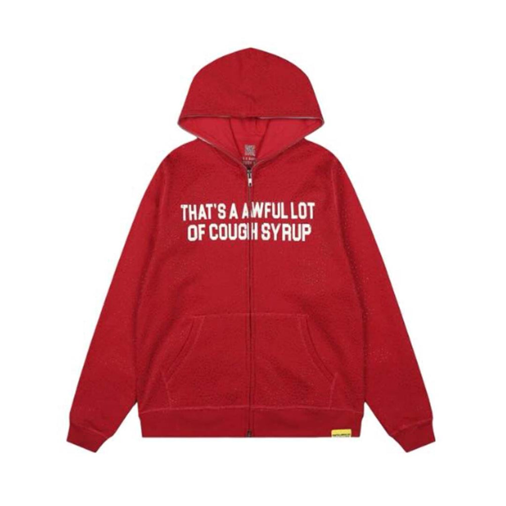 Awful Lot of Cough Syrup Spell Out Zip Up Red Hoodie
