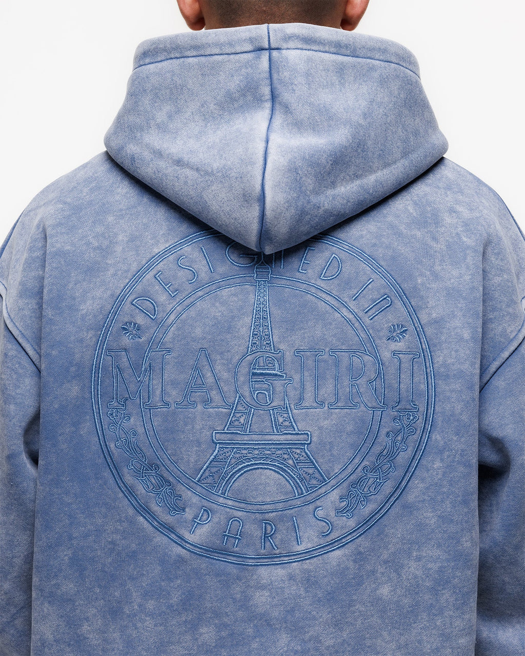 Magiri Embroidered Acid Wash Hoodie in Washed Blue