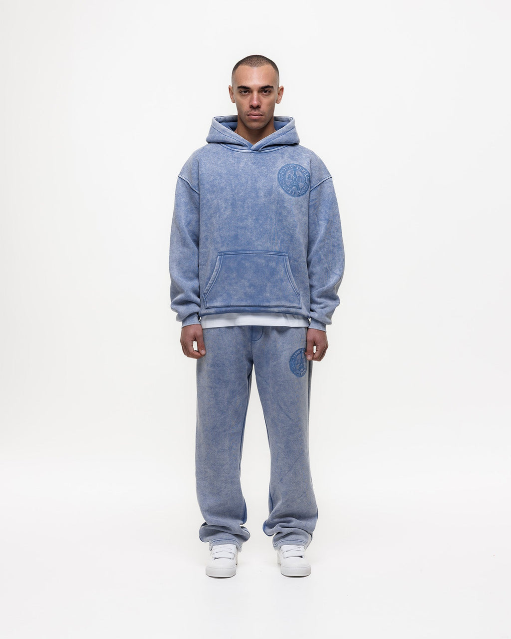 Magiri Embroidered Acid Wash Hoodie in Washed Blue